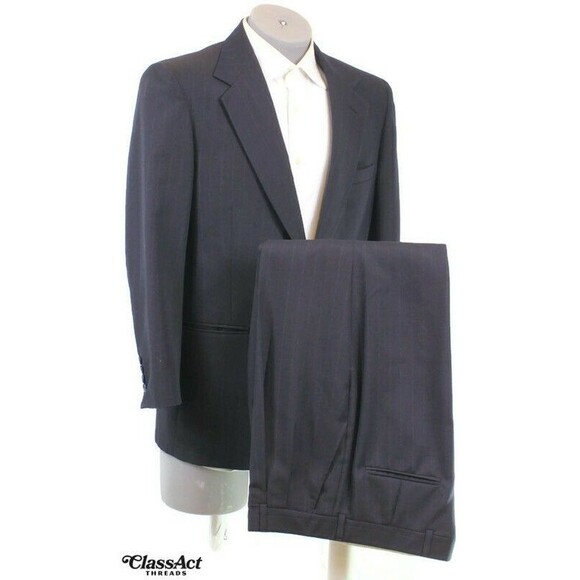 Stafford 2 Piece Suit Mens Blue Striped Wool Blend 2 Btn 40R Pleated Fronts 35"W - Picture 2 of 11